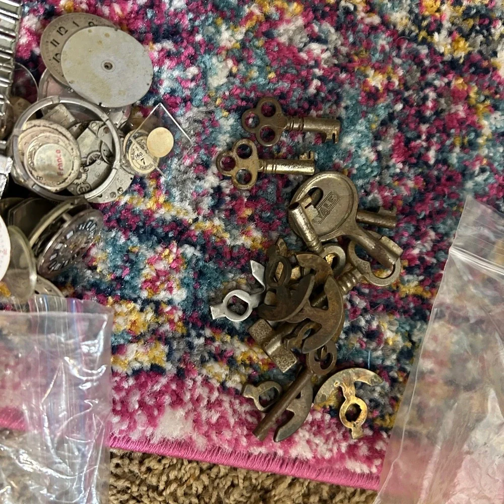 HUGE LOT vintage keys brooches watch parts belt buckles for crafts art jewelry